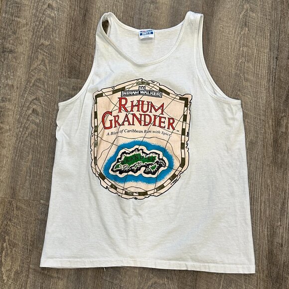 Vintage 80s Mens White Tank Top HIRAM WALKER RHUM GRANDIER Front Graphics Size L - Picture 1 of 6